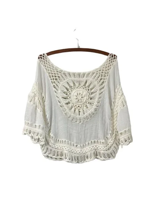 Bohemian Cream Crochet Cropped Hippie Top Size M/L - Picture 4 of 6